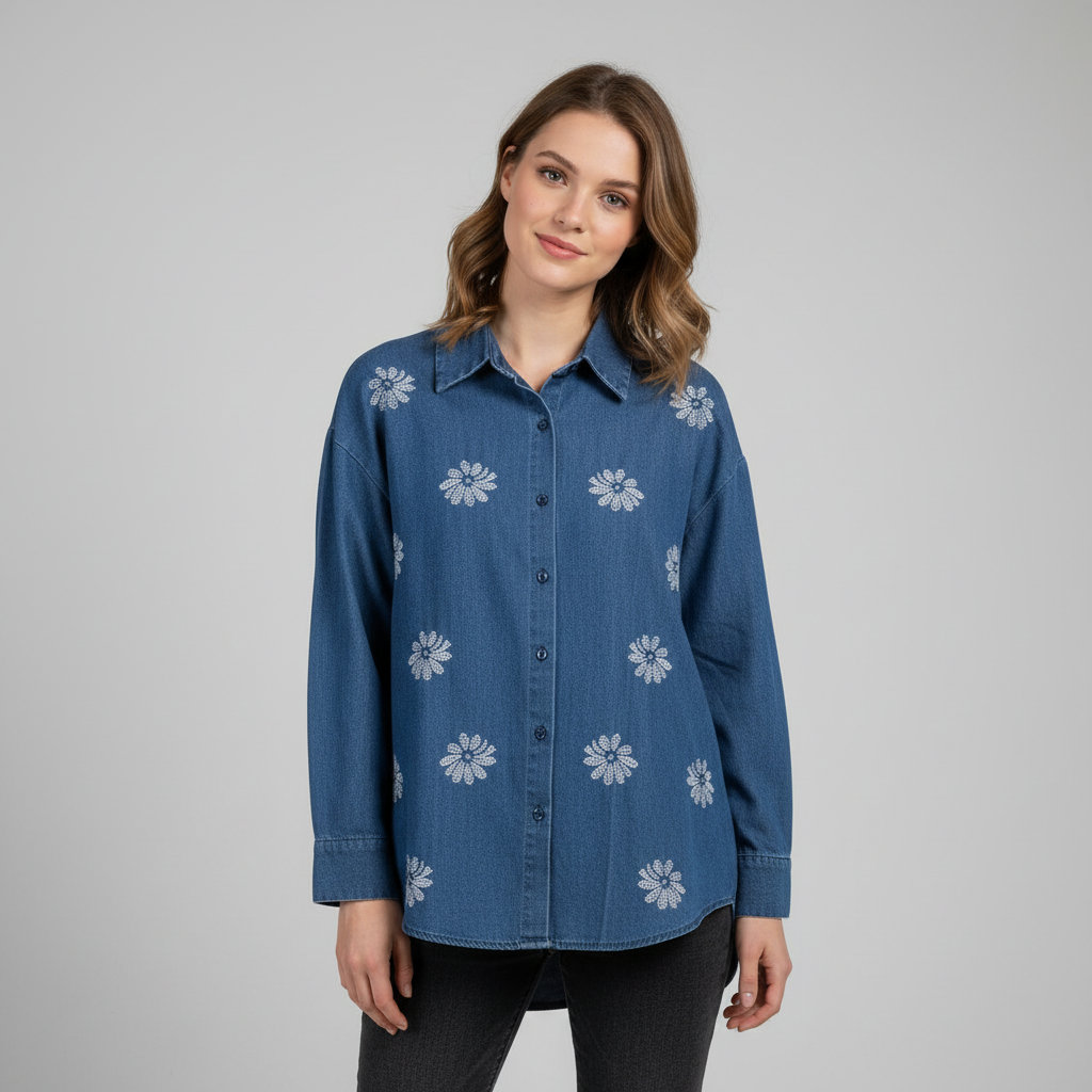 Flower Design Blue Denim Shirt