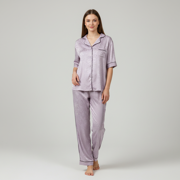 Two-Piece Monochromatic Jacquard Satin Nightsuit