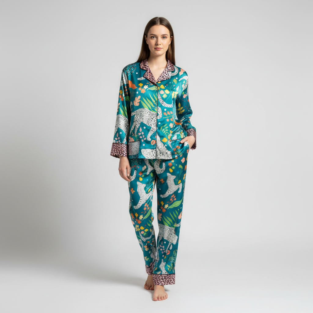 Emerald Jungle Silk-Satin Luxury Nightsuit