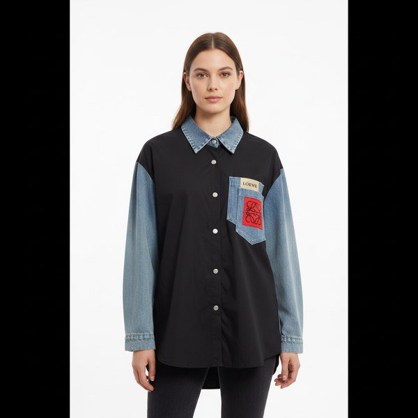 Black Cotton Denim Design Shirt