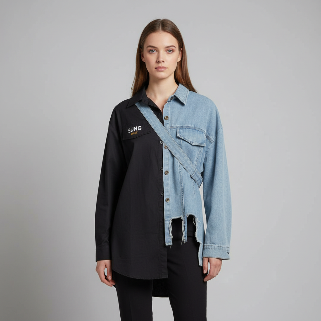 Black Cotton And Blue Denim Split Shirt