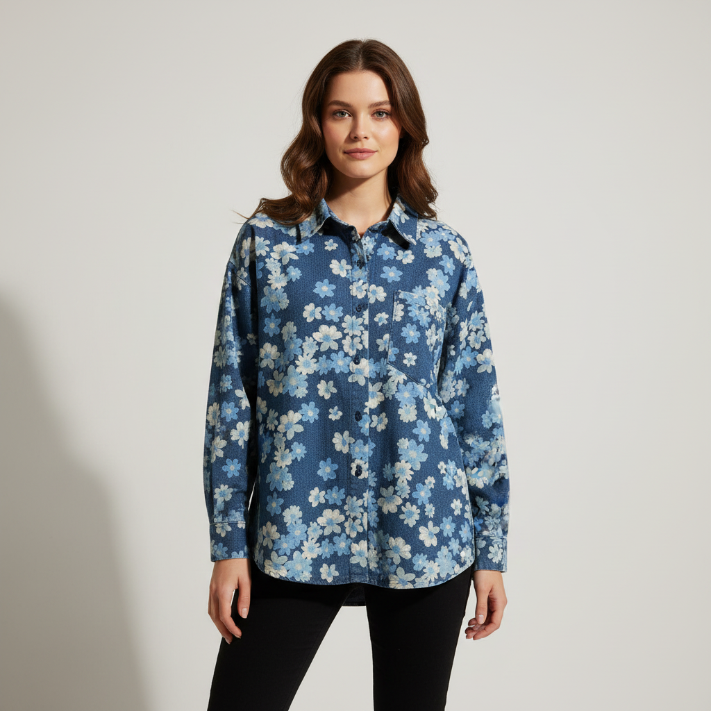 Flower Design Denim Shirt