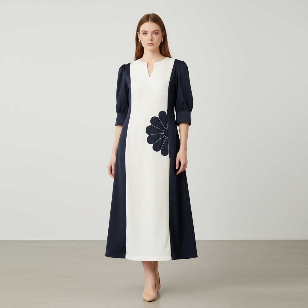 Two-Tone Floral Applique Midi Dress