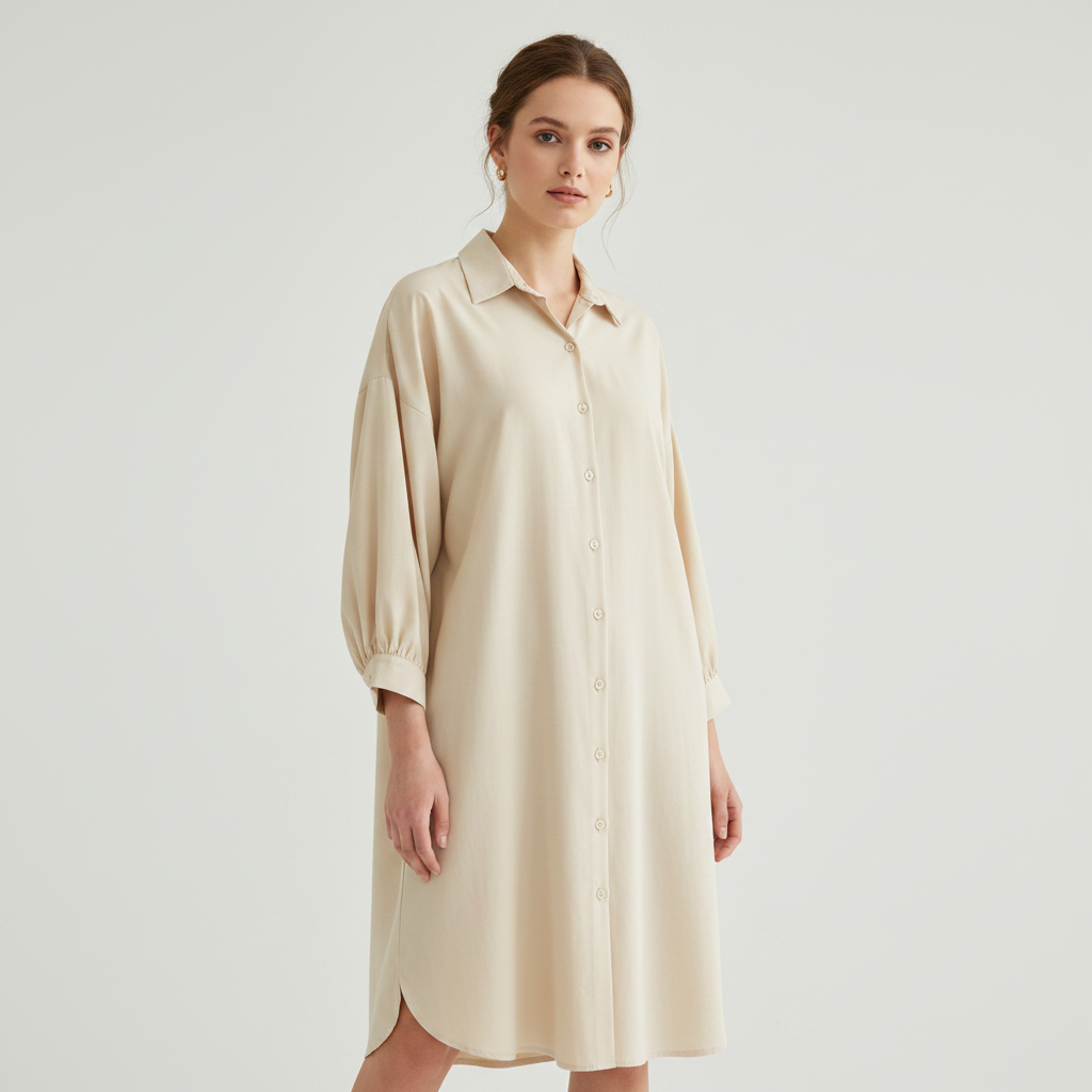 Puff-Sleeve Midi Shirt Dress