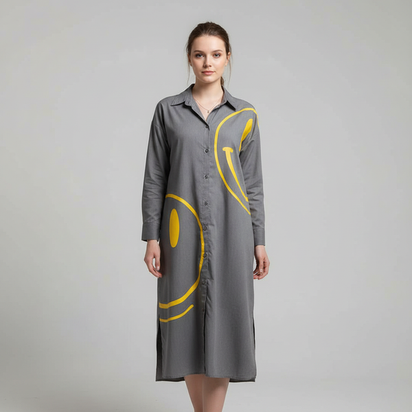 Smiley Printed Midi Shirt Dress