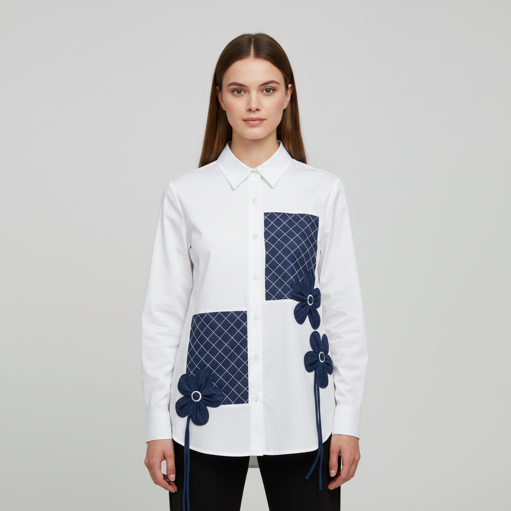 White Blue Flower Design Shirt
