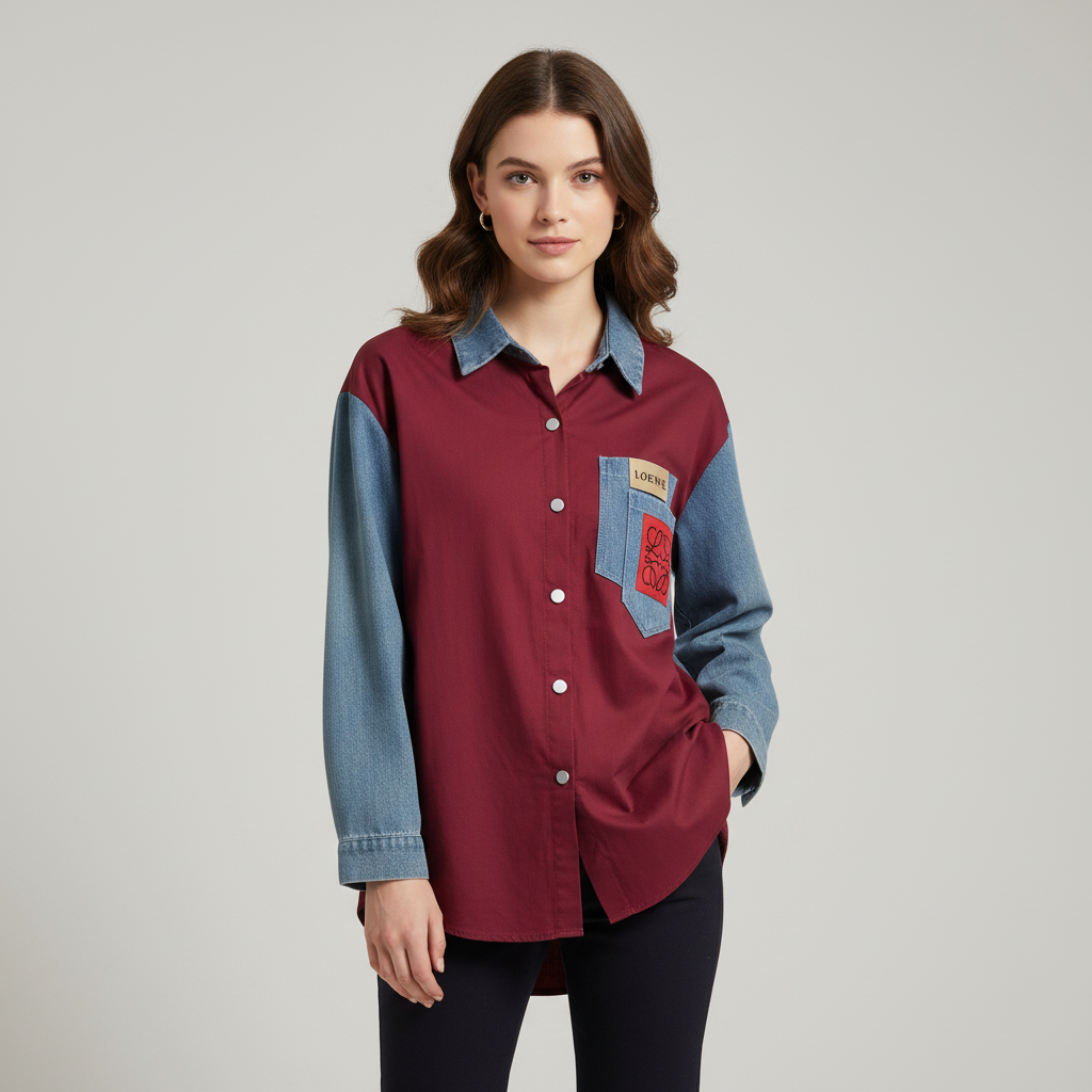 Burgundy Wine Cotton Denim Design Shirt