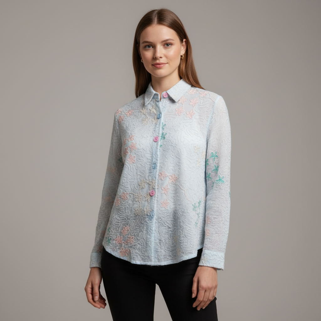Pastel Floral Embroidered Button-Down Shirt