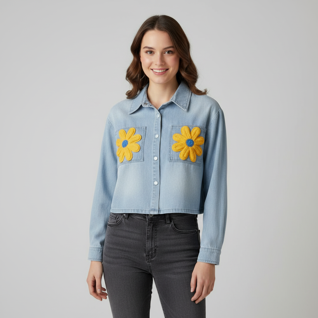 Yellow Flower Design Denim Shirt